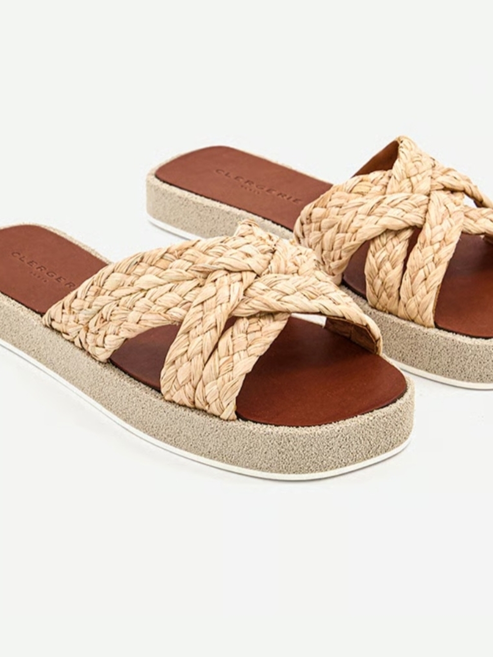 Robert Clergerie Natural Braided Raffia Slide Sandals with Brown Footbed